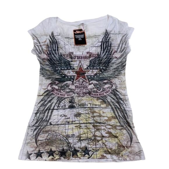 NWT Noble Wear Sturgis White Rhinestone Burnout Tee - Size XL - Picture 5 of 9